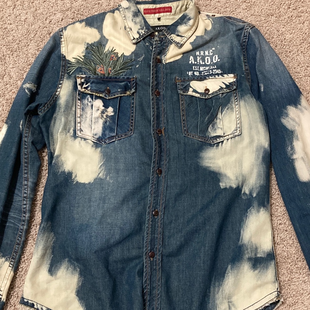 Akoo Blue and White Denim Shirt with Embroidery